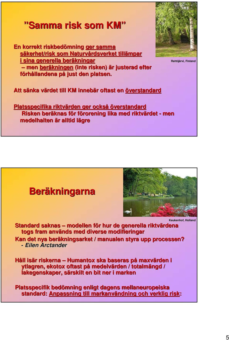 Rehtijärvi, Finland Att sänka värdet till KM innebär oftast en överstandard Platsspecifika riktvärden ger också överstandard Risken beräknas för förorening lika med riktvärdet - men medelhalten är