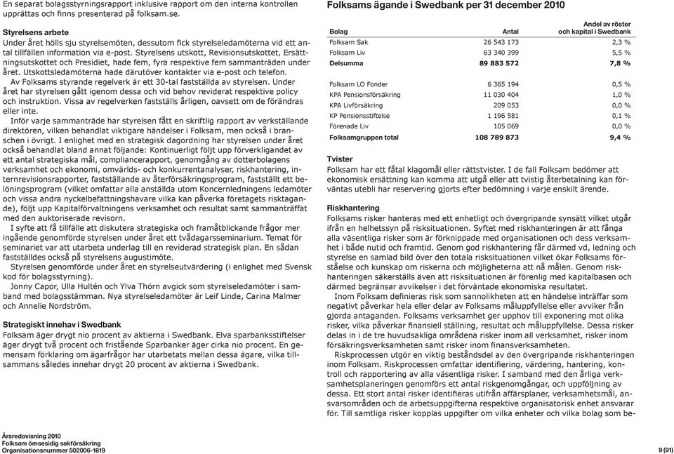 Av Folksams styrande regelverk är ett 30-tal fastställda av styrelsen. Under året har styrelsen gått igenom dessa och vid behov reviderat respektive policy och instruktion.
