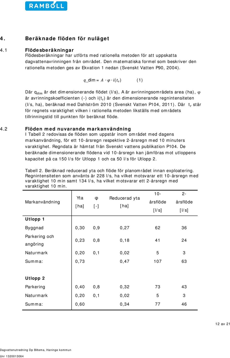 _dim= ( ) (1) Där q är det dimensionerande flödet (l/s), A är avrinningsområdets area (ha), φ är avrinningskoefficienten (-) och i(t ) är den dimensionerande regnintensiteten (l/s, ha), beräknad med