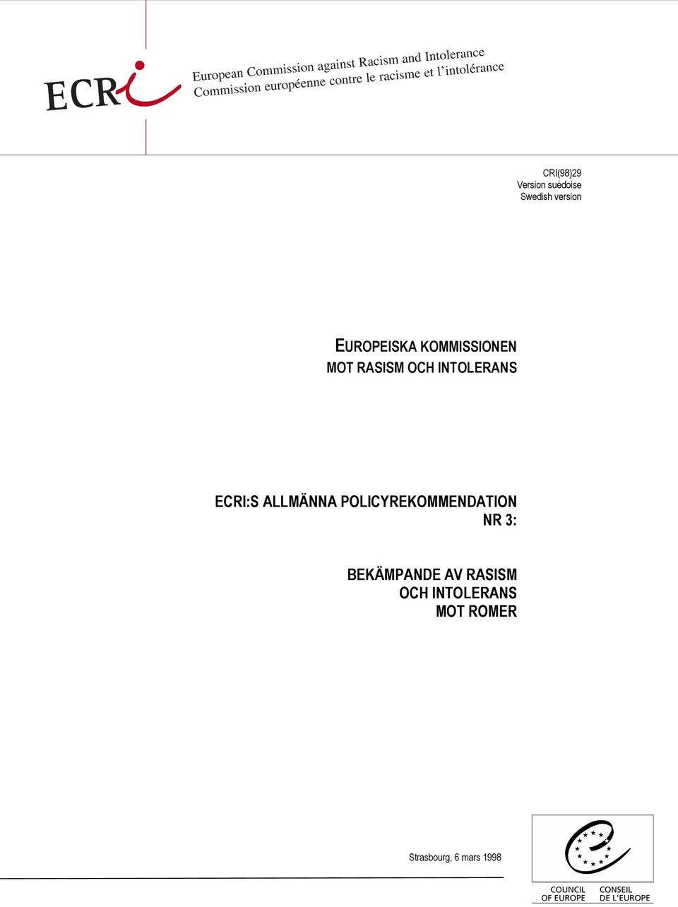 ECRI:S ALLMÄNNA POLICYREKOMMENDATION NR 3: