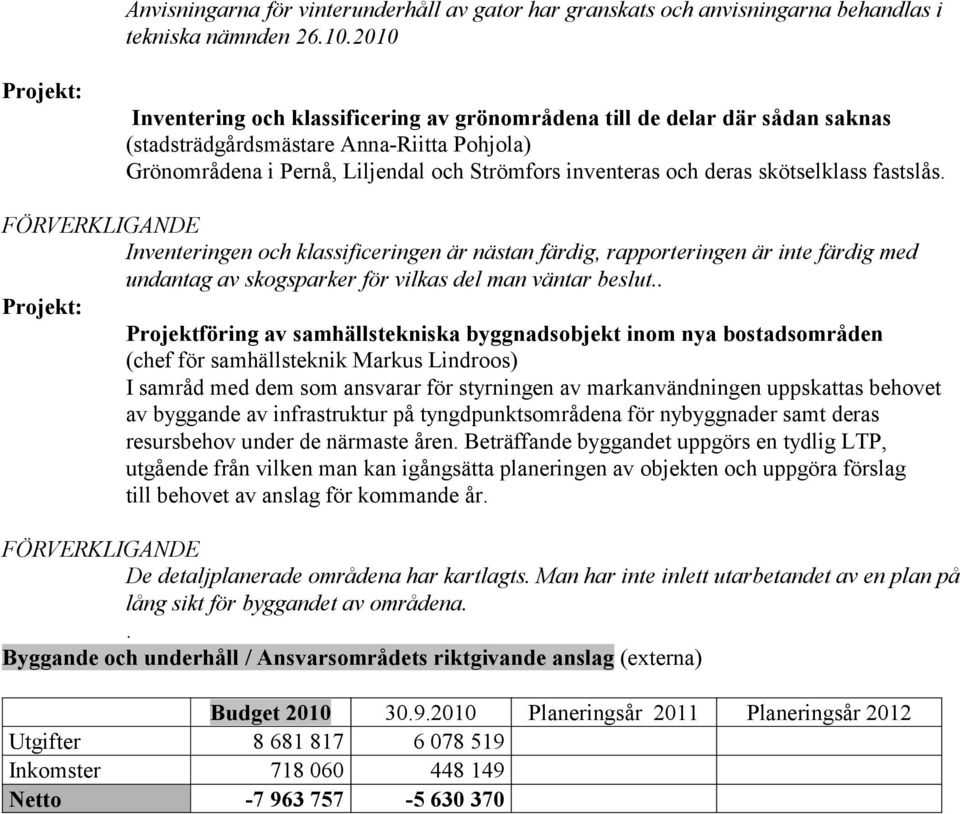 skötselklass fastslås. Inventeringen och klassificeringen är nästan färdig, rapporteringen är inte färdig med undantag av skogsparker för vilkas del man väntar beslut.