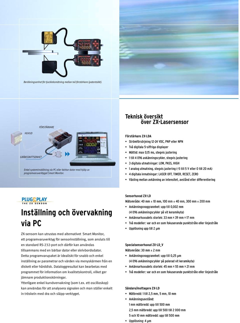 Teknisk översikt över ZX-Lasersensor Förstärkare ZX-LDA Strömförsörjning 12-24 VDC, PNP eller NPN Två digitala 5-siffriga displayer Mättid: max 0,15 ms, stegvis justering 1 till 4 096