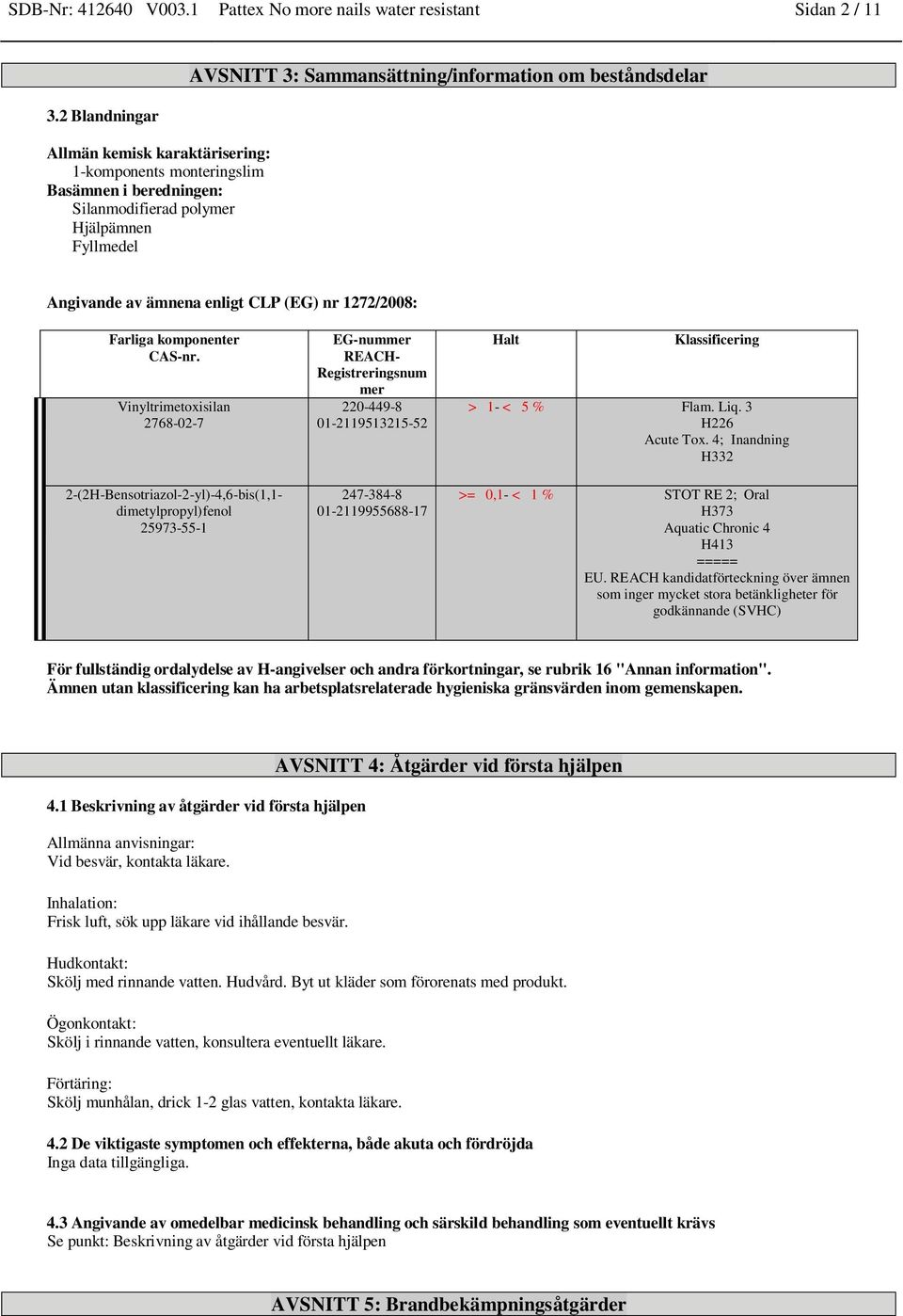 Angivande av ämnena enligt CLP (EG) nr 1272/2008: EG-nummer REACH- Registreringsnum mer 220-449-8 01-2119513215-52 247-384-8 01-2119955688-17 Halt Klassificering > 1- < 5 % Flam. Liq.