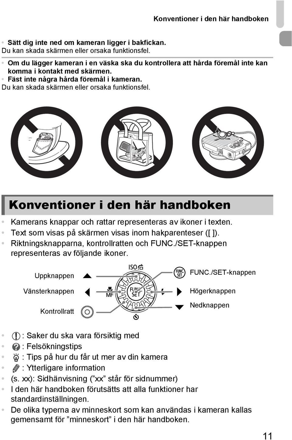 Konventioner i den här handboken Kamerans knappar och rattar representeras av ikoner i texten. Text som visas på skärmen visas inom hakparenteser ([ ]). Riktningsknapparna, kontrollratten och FUNC.