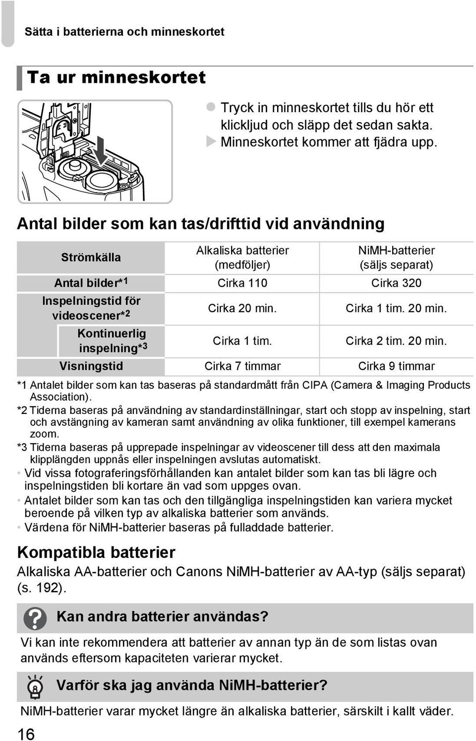 Cirka 2 tim. 20 min. Visningstid Cirka 7 timmar Cirka 9 timmar *1 Antalet bilder som kan tas baseras på standardmått från CIPA (Camera & Imaging Products Association).