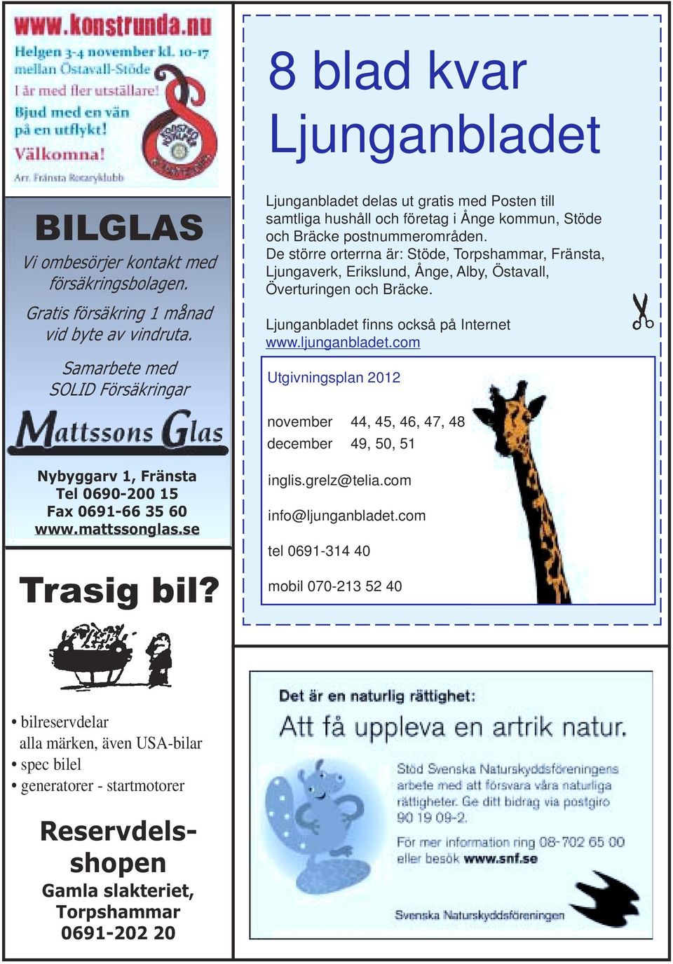 De större orterrna är: Stöde, Torpshammar, Fränsta, Ljungaverk, Erikslund, Ånge, Alby, Östavall, Överturingen och Bräcke. Ljunganbladet finns också på Internet www.ljunganbladet.