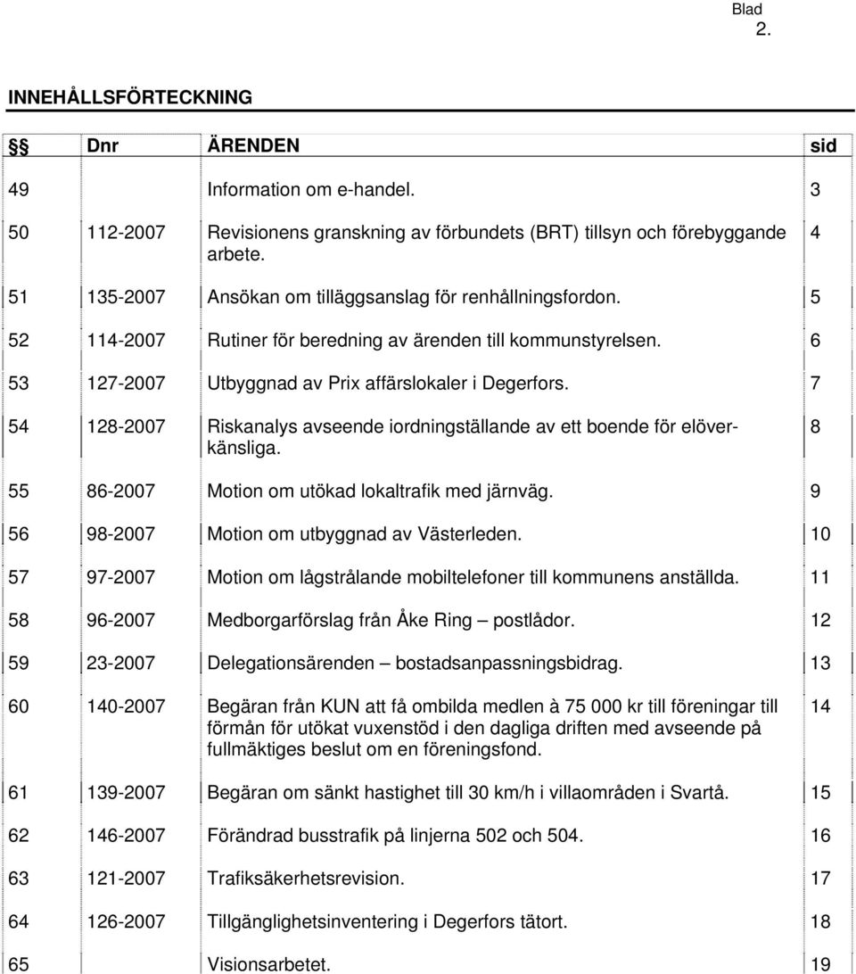 7 54 128-2007 Riskanalys avseende iordningställande av ett boende för elöverkänsliga. 8 55 86-2007 Motion om utökad lokaltrafik med järnväg. 9 56 98-2007 Motion om utbyggnad av Västerleden.