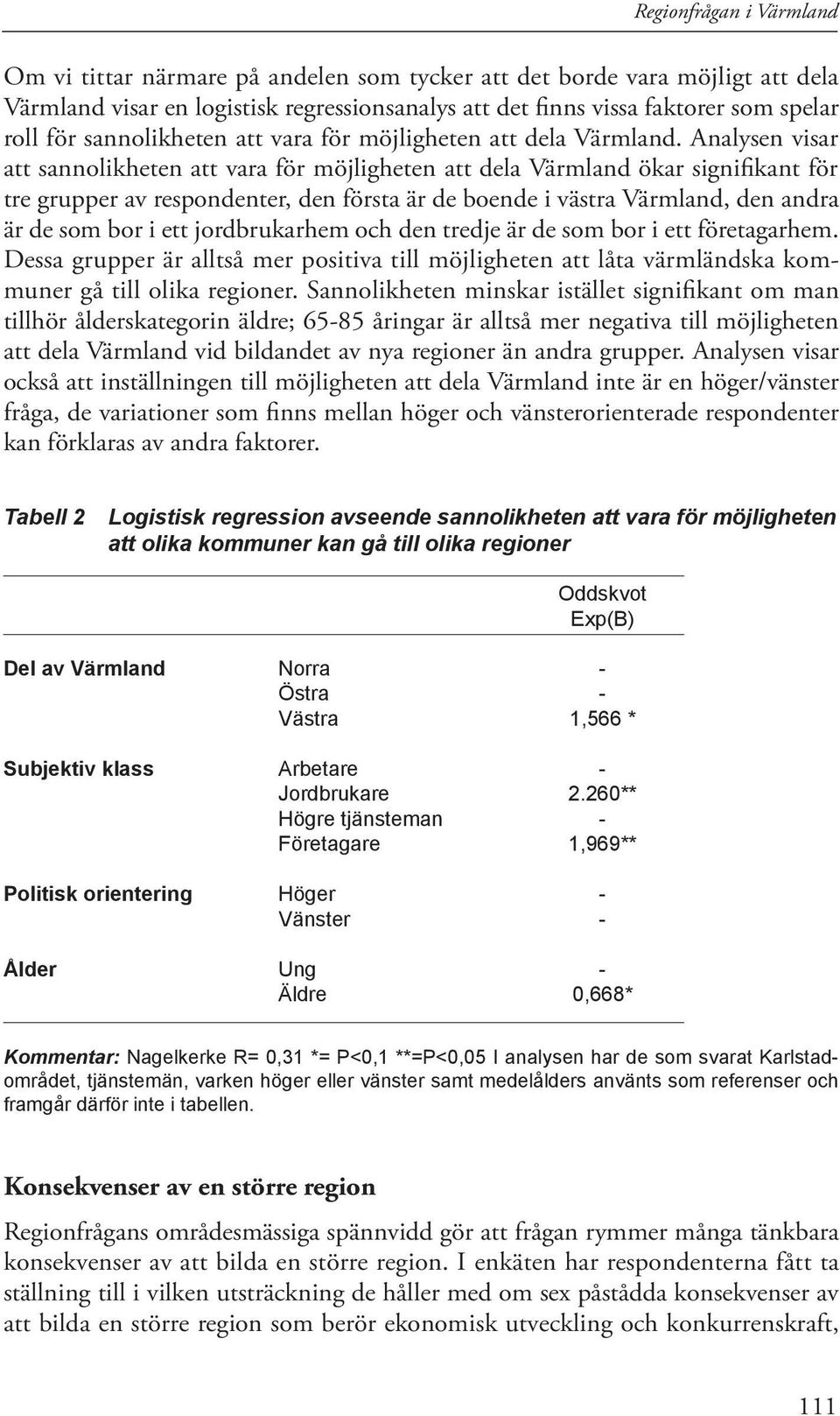 Analysen visar att sannolikheten att vara för möjligheten att dela Värmland ökar signifikant för tre grupper av respondenter, den första är de boende i västra Värmland, den andra är de som bor i ett