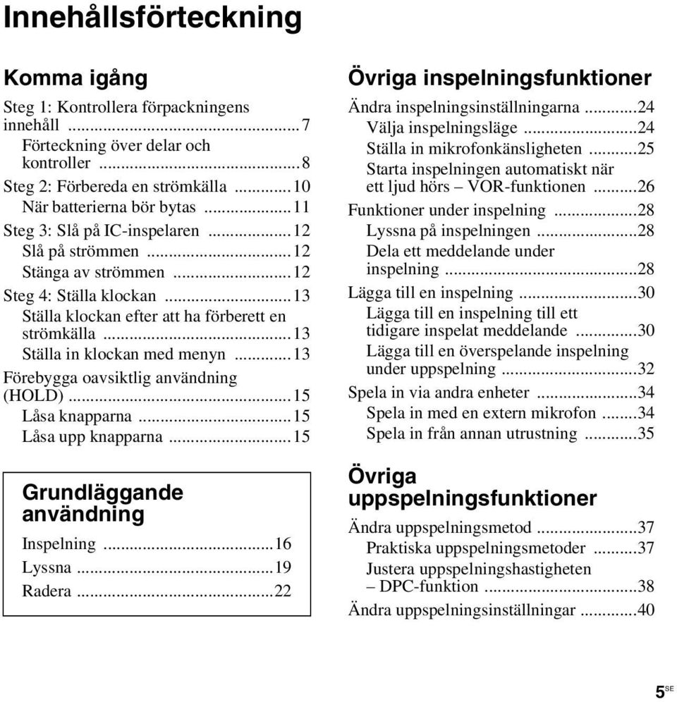 ..13 Förebygga oavsiktlig användning (HOLD)...15 Låsa knapparna...15 Låsa upp knapparna...15 Grundläggande användning Inspelning...16 Lyssna...19 Radera.