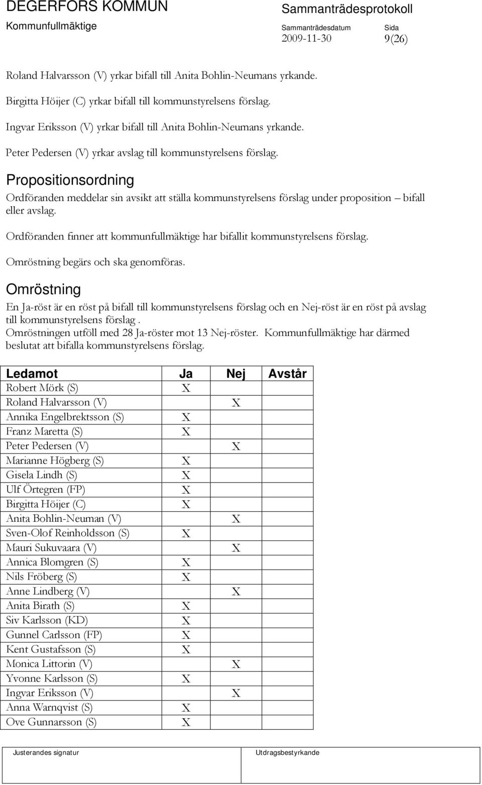 Propositionsordning Ordföranden meddelar sin avsikt att ställa kommunstyrelsens förslag under proposition bifall eller avslag.