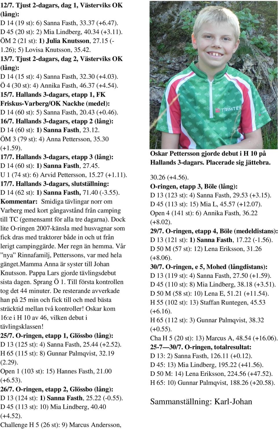 Hallands 3-dagars, etapp 1, FK Friskus-Varberg/OK Nackhe (medel): D 14 (60 st): 5) Sanna Fasth, 20.43 (+0.46). 16/7. Hallands 3-dagars, etapp 2 (lång): D 14 (60 st): 1) Sanna Fasth, 23.12.