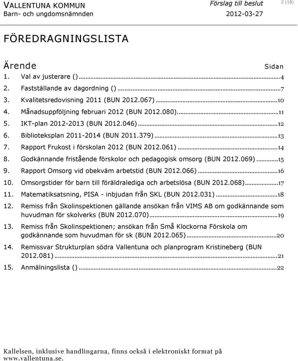 Rapport Frukost i förskolan 2012 (BUN 2012.061)...14 8. Godkännande fristående förskolor och pedagogisk omsorg (BUN 2012.069)...15 9. Rapport Omsorg vid obekväm arbetstid (BUN 2012.066)...16 10.