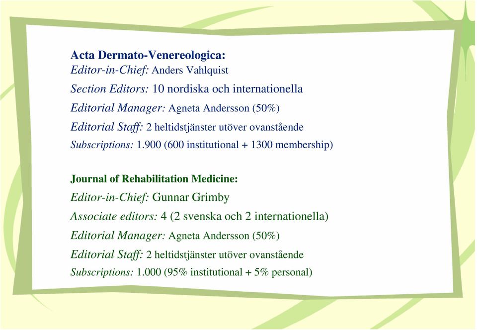 900 (600 institutional + 1300 membership) Journal of Rehabilitation Medicine: Editor-in-Chief: Gunnar Grimby Associate editors: 4 (2