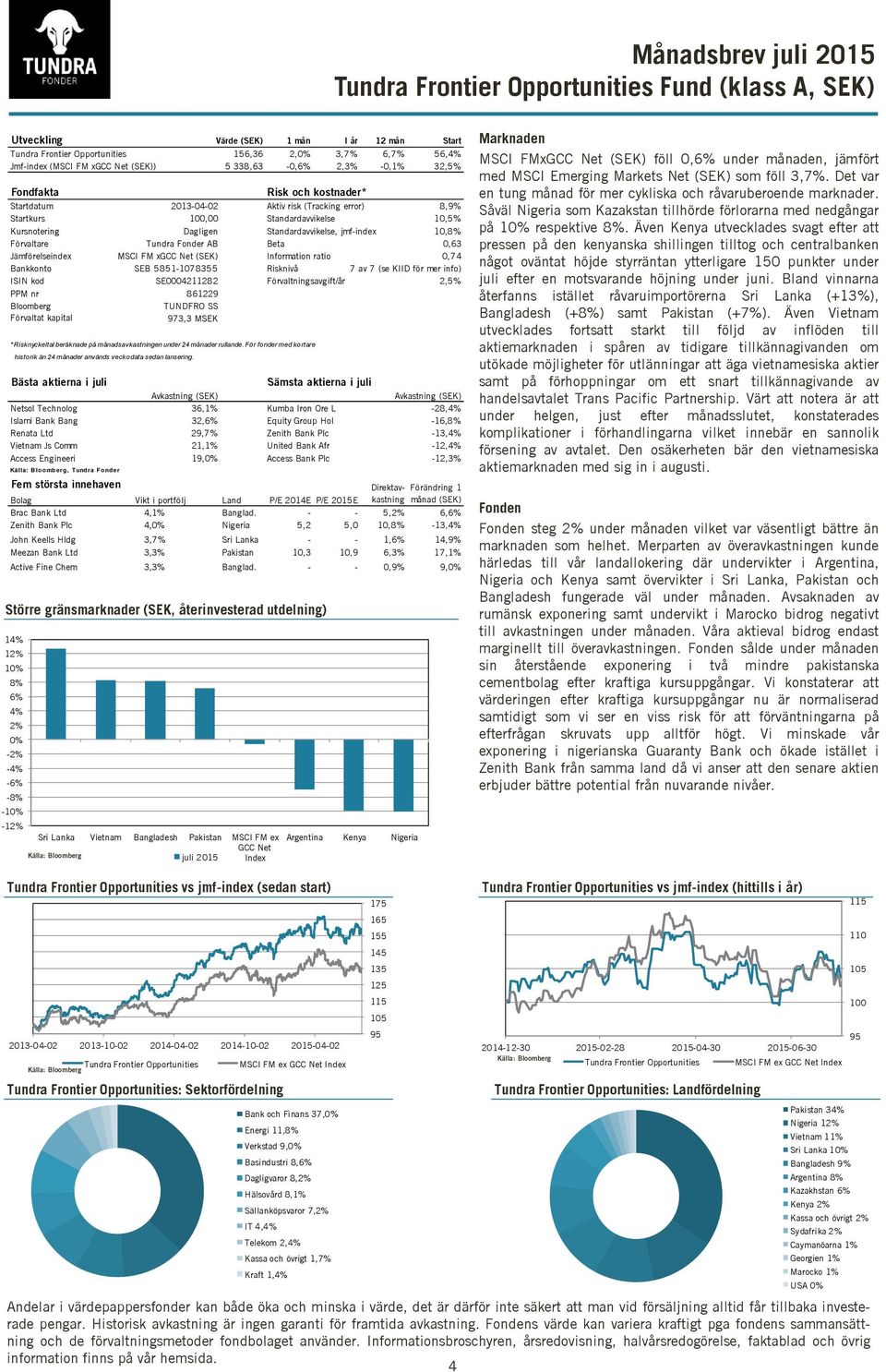 jmf-index 10,8% Förvaltare Tundra Fonder AB Beta 0,63 Jämförelseindex MSCI FM xgcc Net (SEK) Information ratio 0,74 Bankkonto SEB 5851-1078355 Risknivå 7 av 7 (se KIID för mer info) ISIN kod