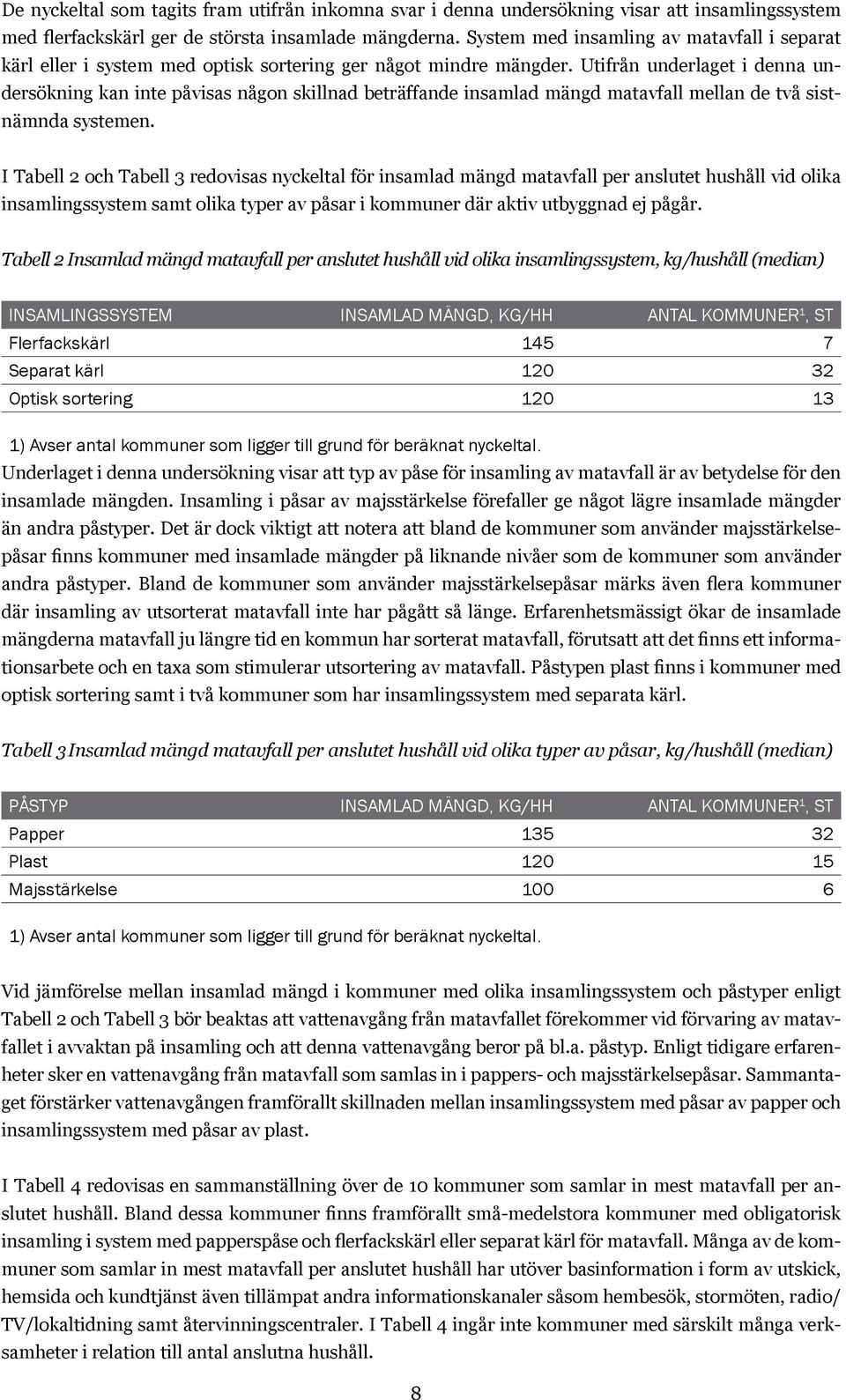Utifrån underlaget i denna undersökning kan inte påvisas någon skillnad beträffande insamlad mängd matavfall mellan de två sistnämnda systemen.