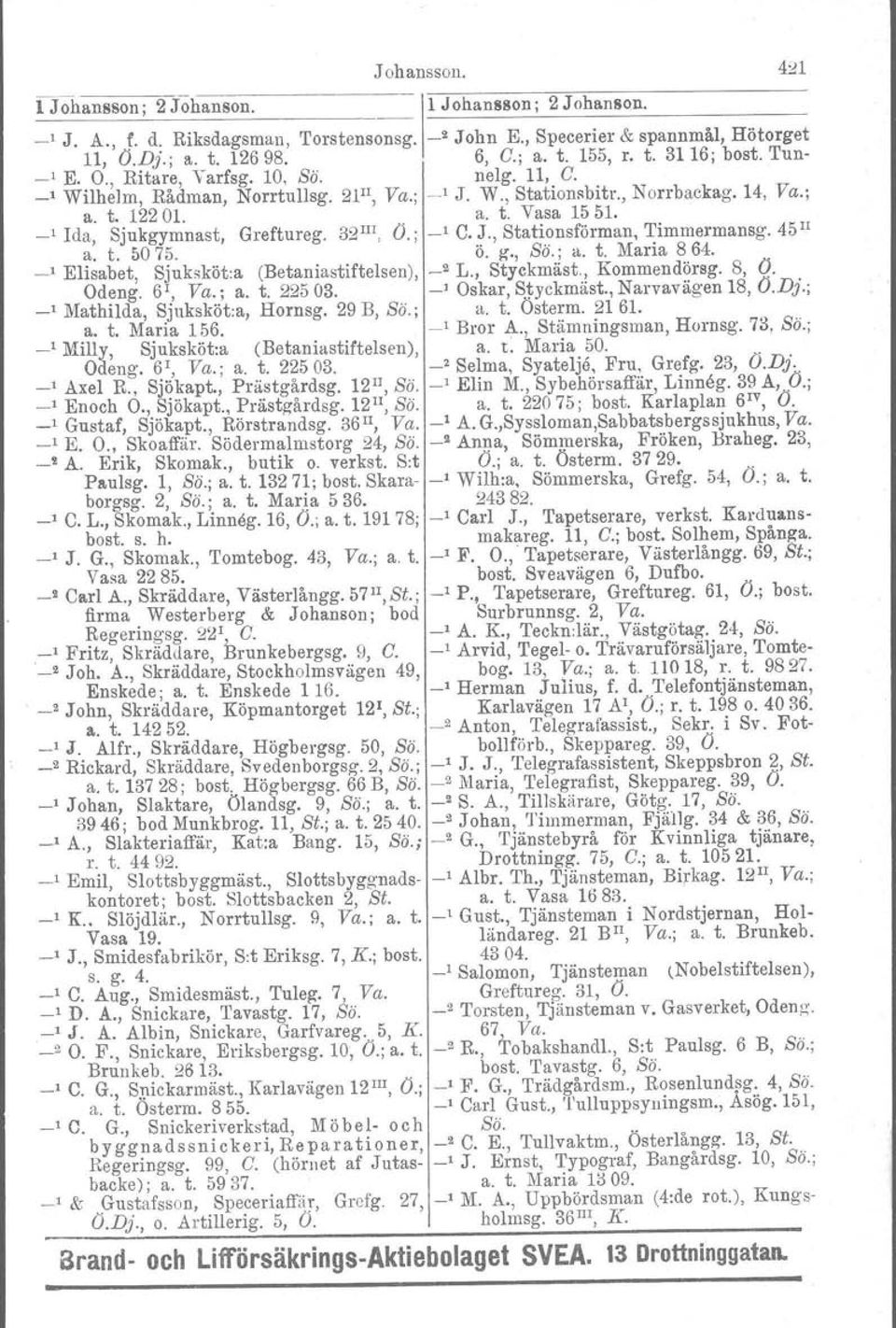 _I Ida, Sjukgymnast, Greftureg. 32 III, O.; _I C. J., Stationsförman, Timmermansg. 45" a. t. 50 75. Ö.!{., ss., a. t. Maria 8 64. _1 Elisabet, Sjuksköt.a (Betaniastiftelsen), _2 L., Styckmäst.