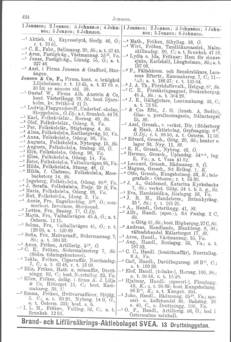 , Västmannag. 5~lI, Va. -, Lydia o. Ida, Fröknar: Hem för sinnes. _1 Jonas, Fastlgh:äg., Linneg. 55, O.; a. t. sjuka, Karlshäll, Långholmen, Sö.; a. t. 227 46. 137 08.