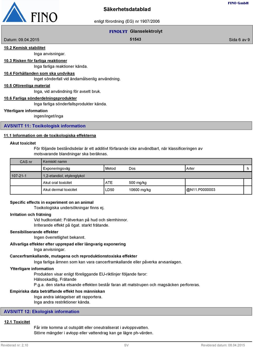 1 Information om de toxikologiska effekterna Akut toxicitet För följande beståndsdelar är ett additivt förfarande icke användbart, när klassificeringen av motsvarande blandningar ska beräknas.