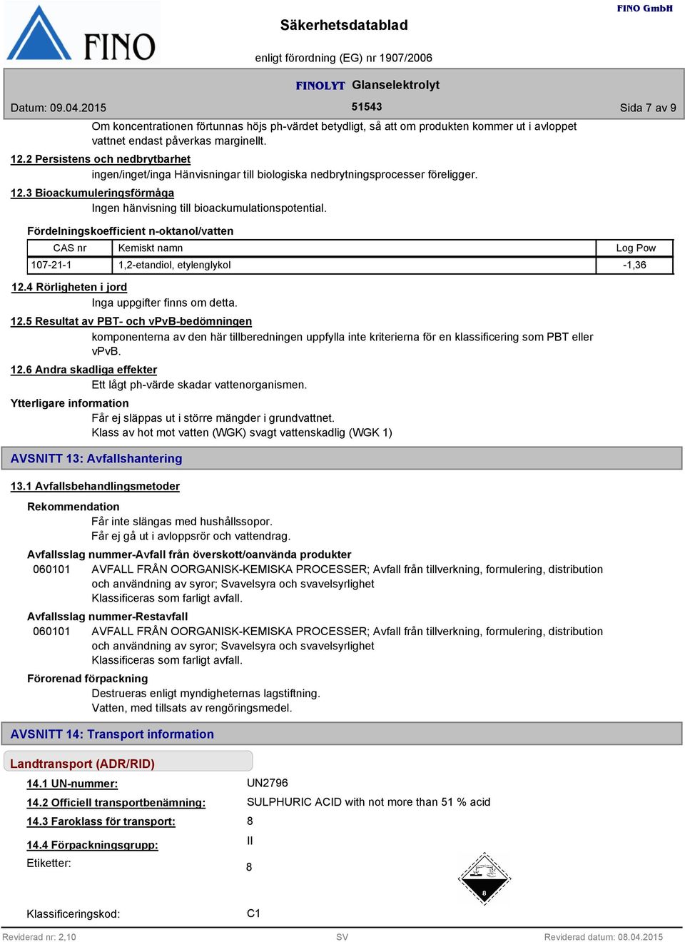 Fördelningskoefficient n-oktanol/vatten CAS nr Kemiskt namn 107-21-1 1,2-etandiol, etylenglykol -1,36 12.