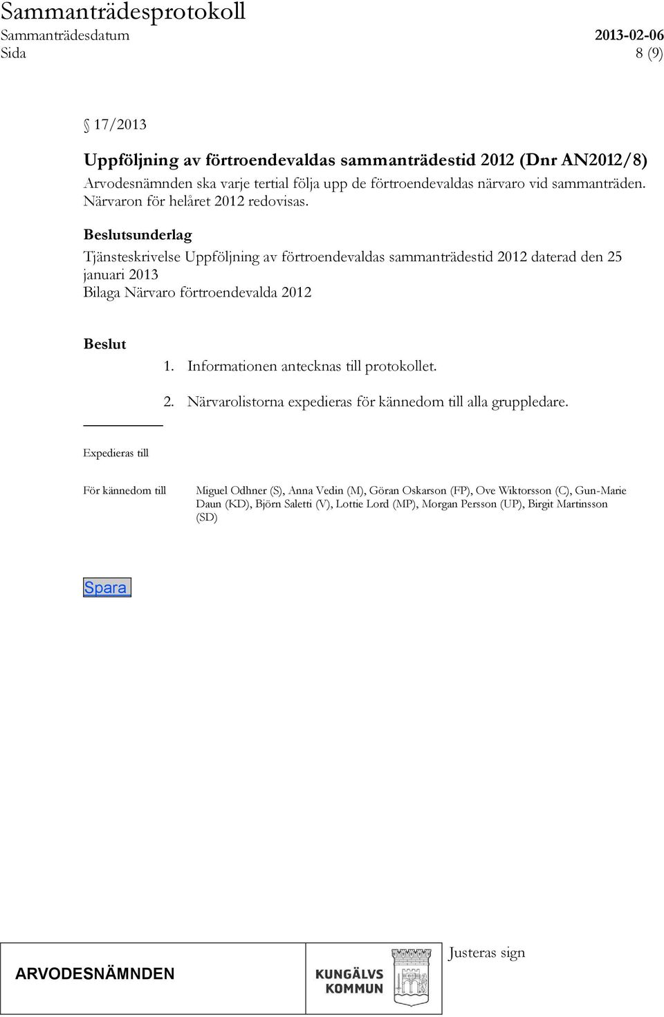 sunderlag Tjänsteskrivelse Uppföljning av förtroendevaldas sammanträdestid 2012 daterad den 25 januari 2013 Bilaga Närvaro förtroendevalda 2012 1.