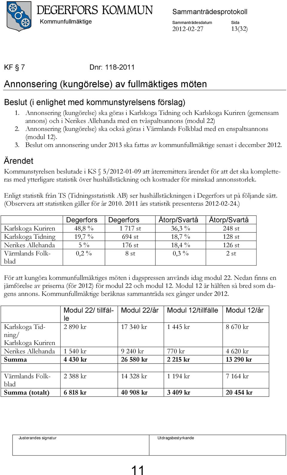 Annonsering (kungörelse) ska också göras i Värmlands Folkblad med en enspaltsannons (modul 12). 3. Beslut om annonsering under 2013 ska fattas av kommunfullmäktige senast i december 2012.