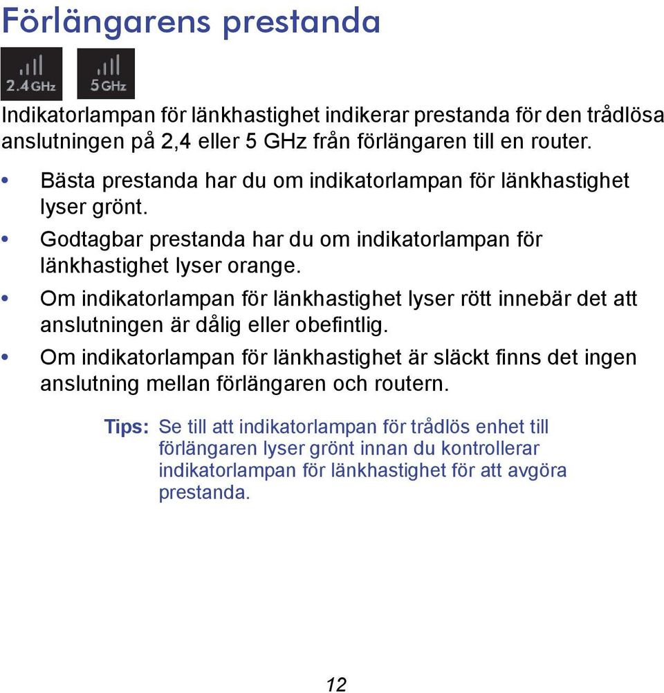 Om indikatorlampan för länkhastighet lyser rött innebär det att anslutningen är dålig eller obefintlig.