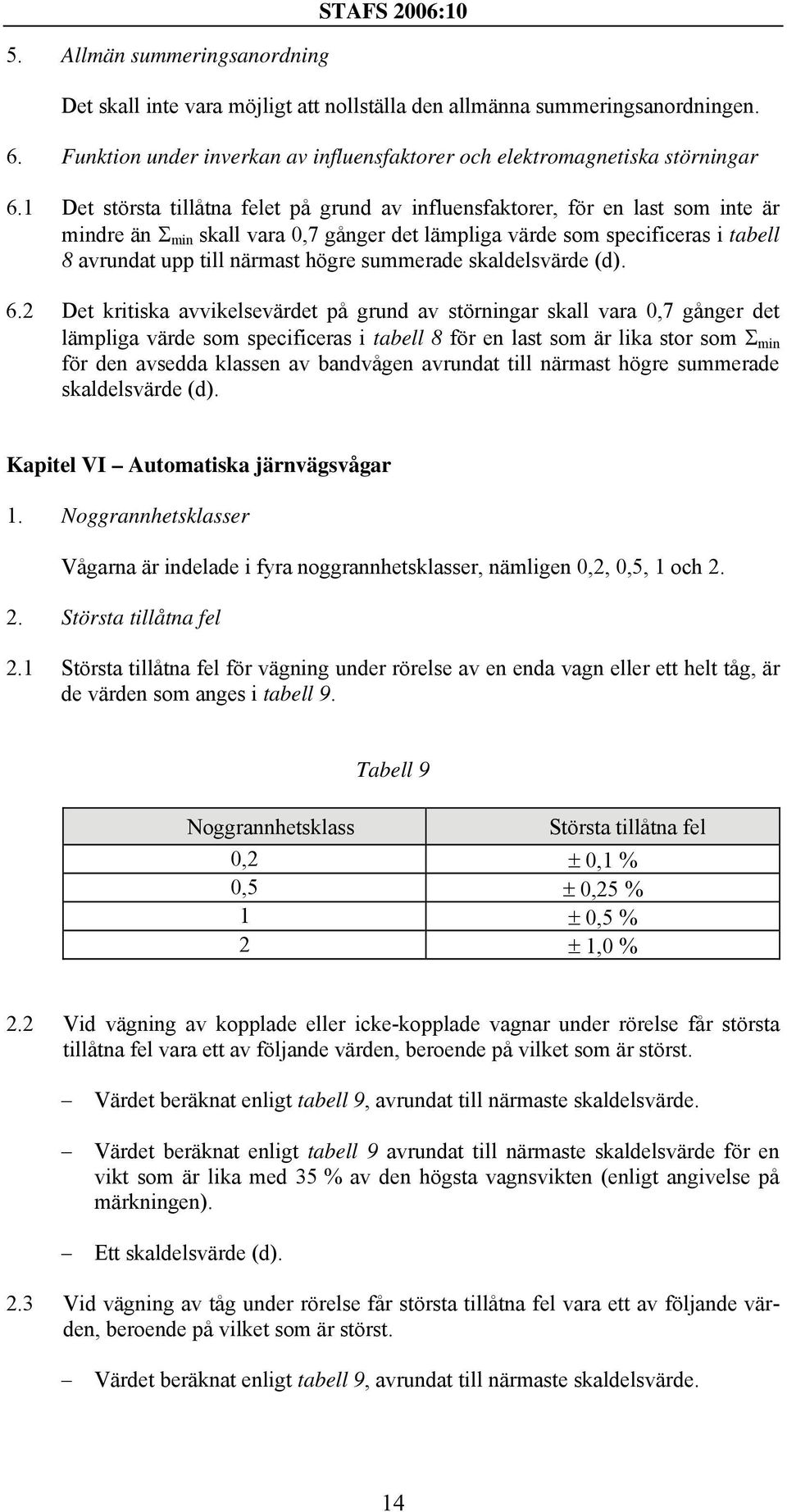 1 Det största tillåtna felet på grund av influensfaktorer, för en last som inte är mindre än min skall vara 0,7 gånger det lämpliga värde som specificeras i tabell 8 avrundat upp till närmast högre