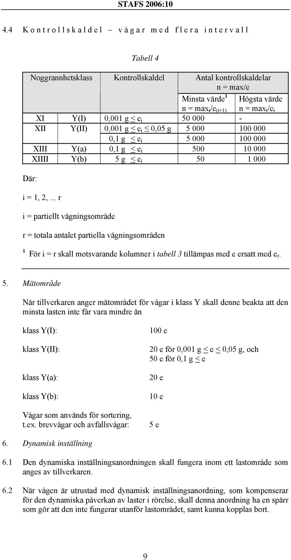 2,... r i = partiellt vägningsområde r = totala antalet partiella vägningsområden 1 För i = r skall motsvarande kolumner i tabell 3 tillämpas med e ersatt med e r. 5.