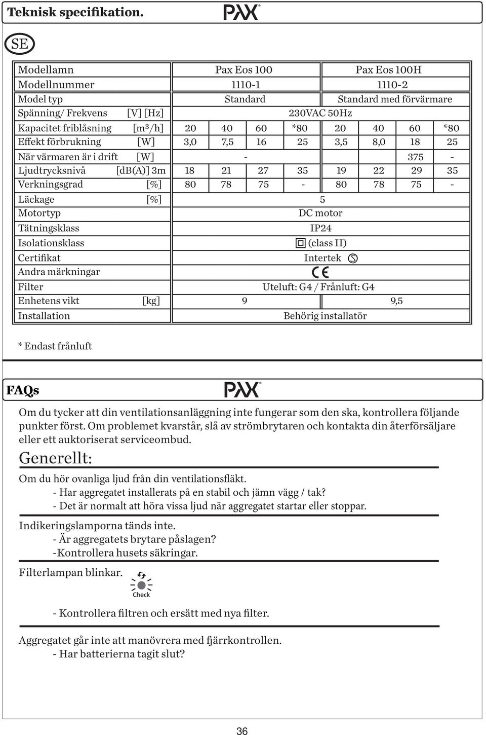 Effekt förbrukning [W] 3,0 7,5 16 25 3,5 8,0 18 25 När värmaren är i drift [W] - 375 - Ljudtrycksnivå [db(a)] 3m 18 21 27 35 19 22 29 35 Verkningsgrad [%] 80 78 75-80 78 75 - Läckage [%] 5 Motortyp