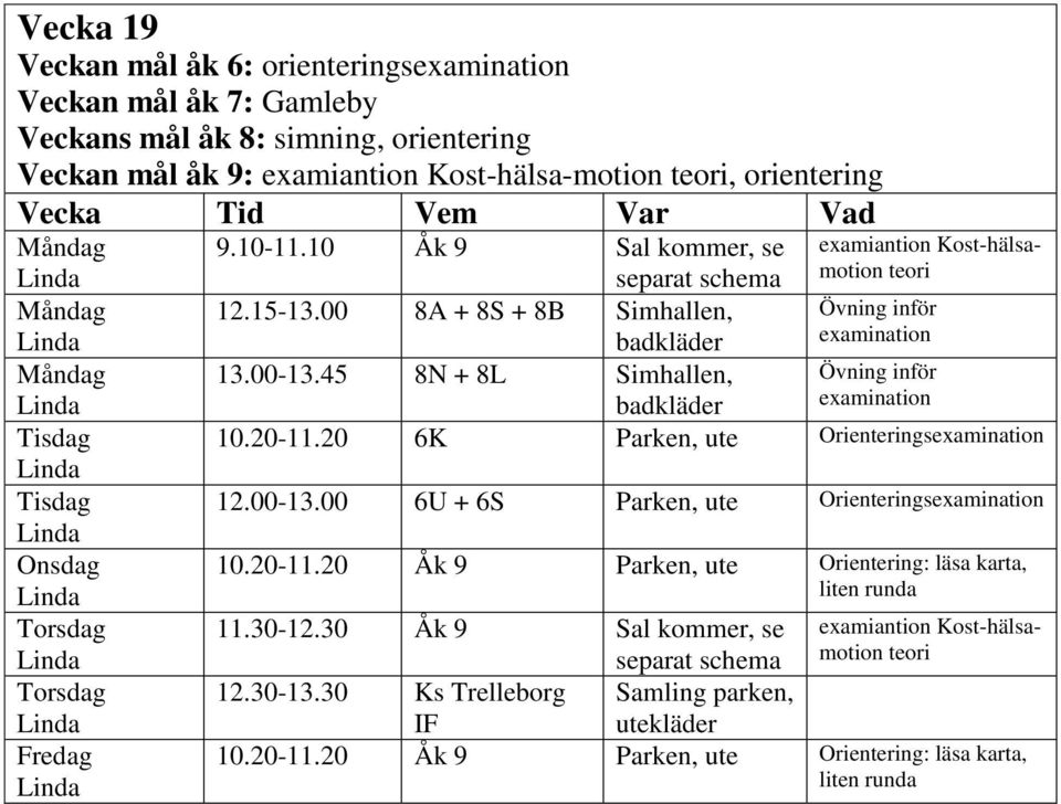 45 8N + 8L Simhallen, Övning inför examination 10.20-11.20 6K Parken, Orienteringsexamination 12.00-13.00 6U + 6S Parken, Orienteringsexamination 10.20-11.20 Åk 9 Parken, Orientering: läsa karta, liten runda 11.