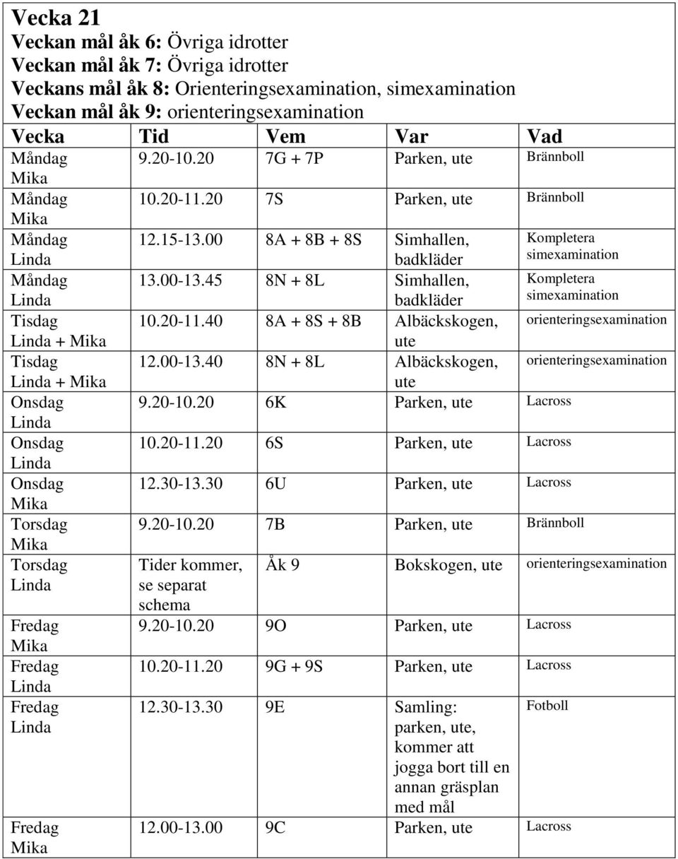 20-10.20 6K Parken, Lacross 10.20-11.20 6S Parken, Lacross 12.30-13.30 6U Parken, Lacross Kompletera simexamination Kompletera simexamination 9.20-10.20 7B Parken, Brännboll orienteringsexamination orienteringsexamination Tider kommer, se separat schema Åk 9 Bokskogen, orienteringsexamination 9.