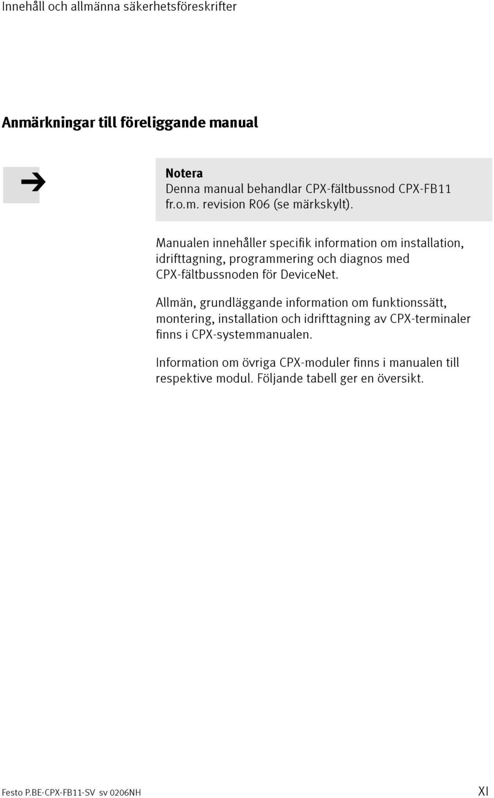Manualen innehåller specifik information om installation, idrifttagning, programmering och diagnos med CPX-fältbussnoden för DeviceNet.