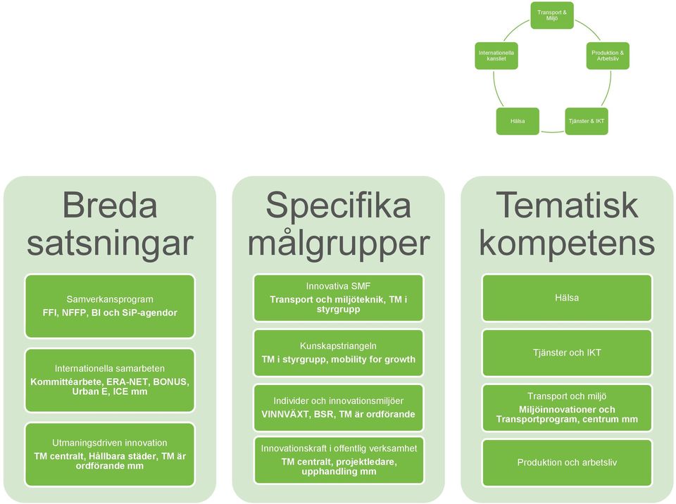 Kunskapstriangeln TM i styrgrupp, mobility for growth Individer och innovationsmiljöer VINNVÄXT, BSR, TM är ordförande Tjänster och IKT Transport och miljö Miljöinnovationer och