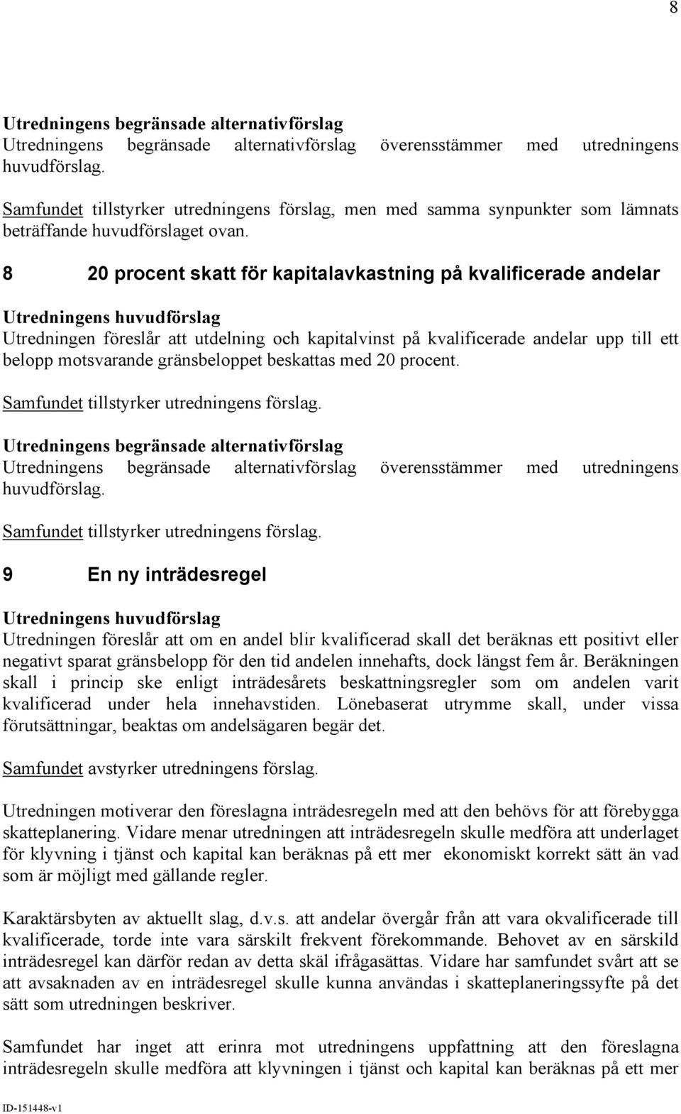 med 20 procent. Samfundet tillstyrker utredningens förslag. överensstämmer med utredningens Samfundet tillstyrker utredningens förslag.