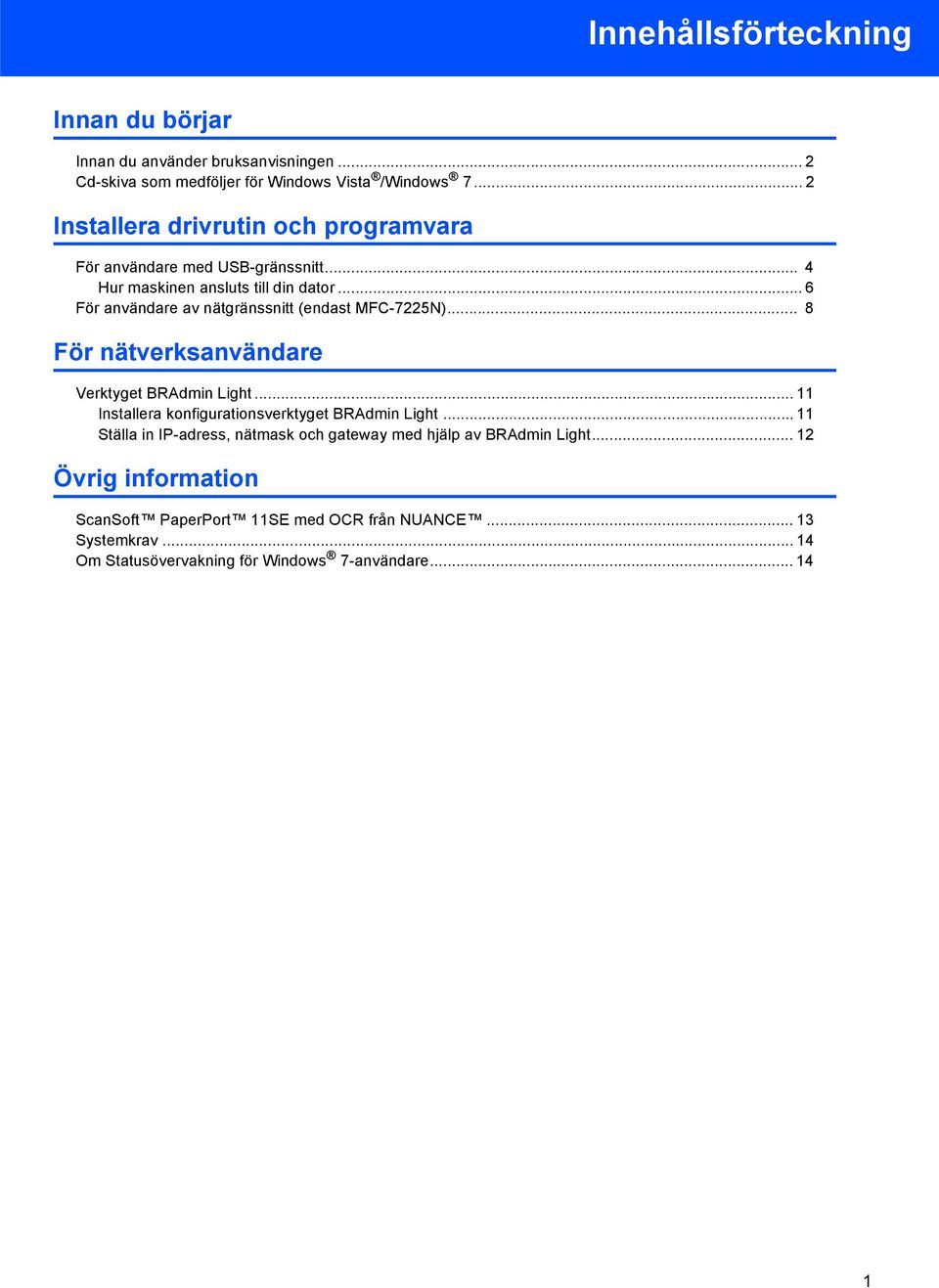 .. 6 För användare av nätgränssnitt (endast MFC-7225N)... 8 För nätverksanvändare Verktyget BRAdmin Light.