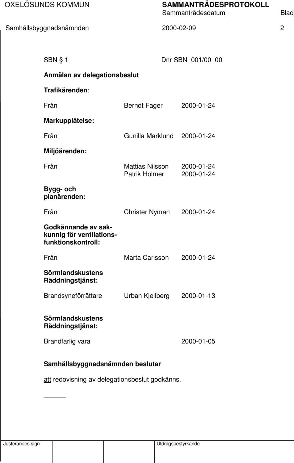 Från Christer Nyman 2000-01-24 Godkännande av sakkunnig för ventilationsfunktionskontroll: Från Marta Carlsson 2000-01-24 Sörmlandskustens