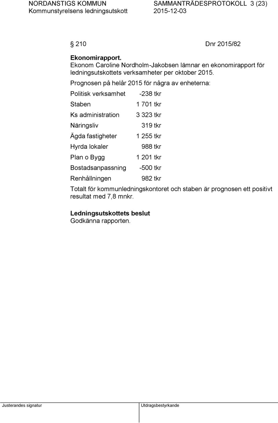 Prognosen på helår 2015 för några av enheterna: Politisk verksamhet Staben Ks administration Näringsliv Ägda fastigheter Hyrda lokaler Plan o