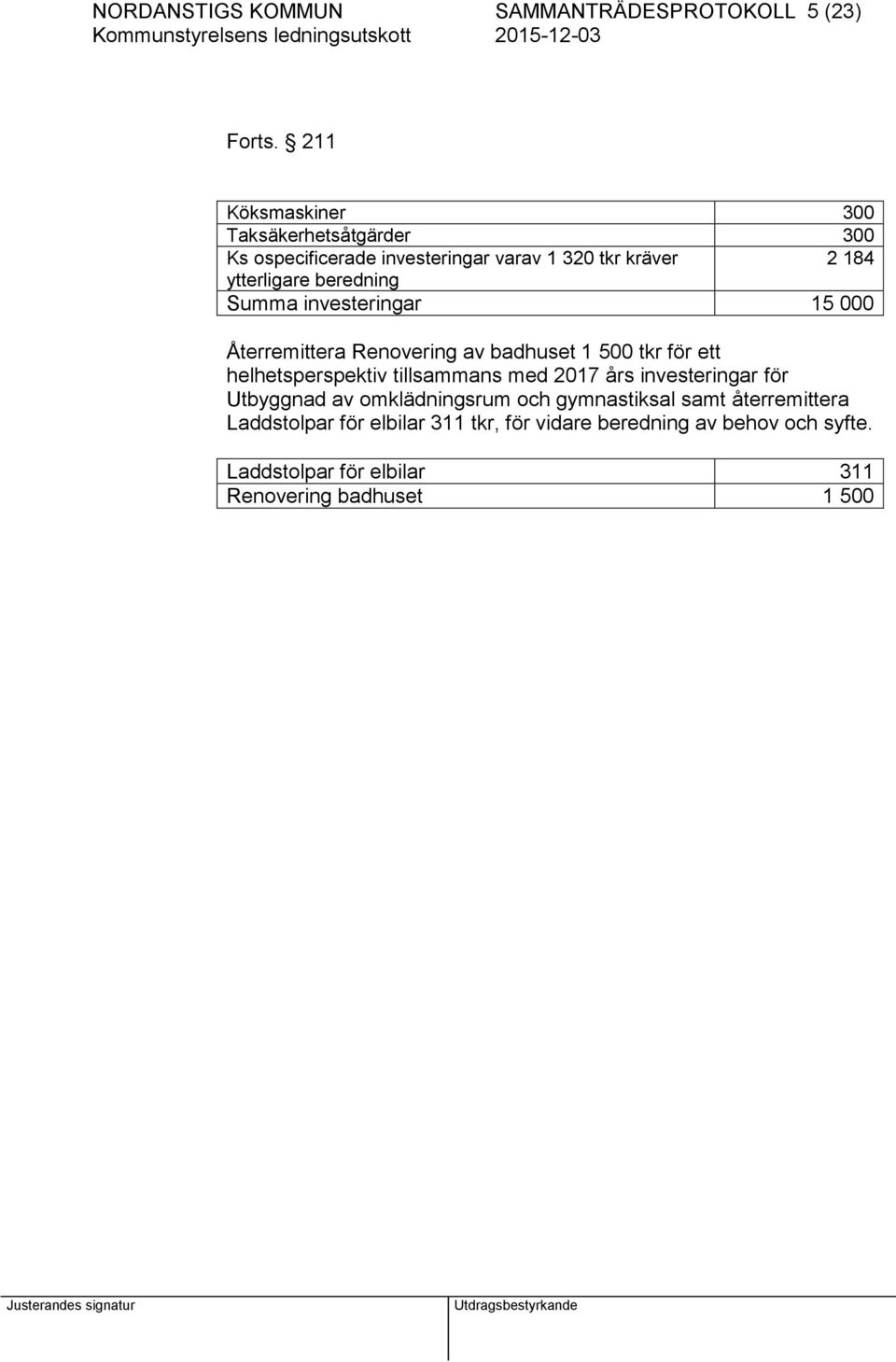 Summa investeringar 15 000 Återremittera Renovering av badhuset 1 500 tkr för ett helhetsperspektiv tillsammans med 2017 års