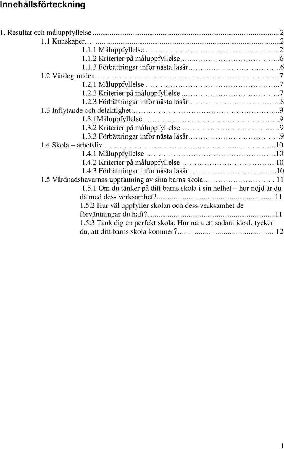 ..10 1.4.1 Måluppfyllelse.10 1.4.2 Kriterier på måluppfyllelse..10 1.4.3 Förbättringar inför nästa läsår..10 1.5 Vårdnadshavarnas uppfattning av sina barns skola. 11 1.5.1 Om du tänker på ditt barns skola i sin helhet hur nöjd är du då med dess verksamhet?