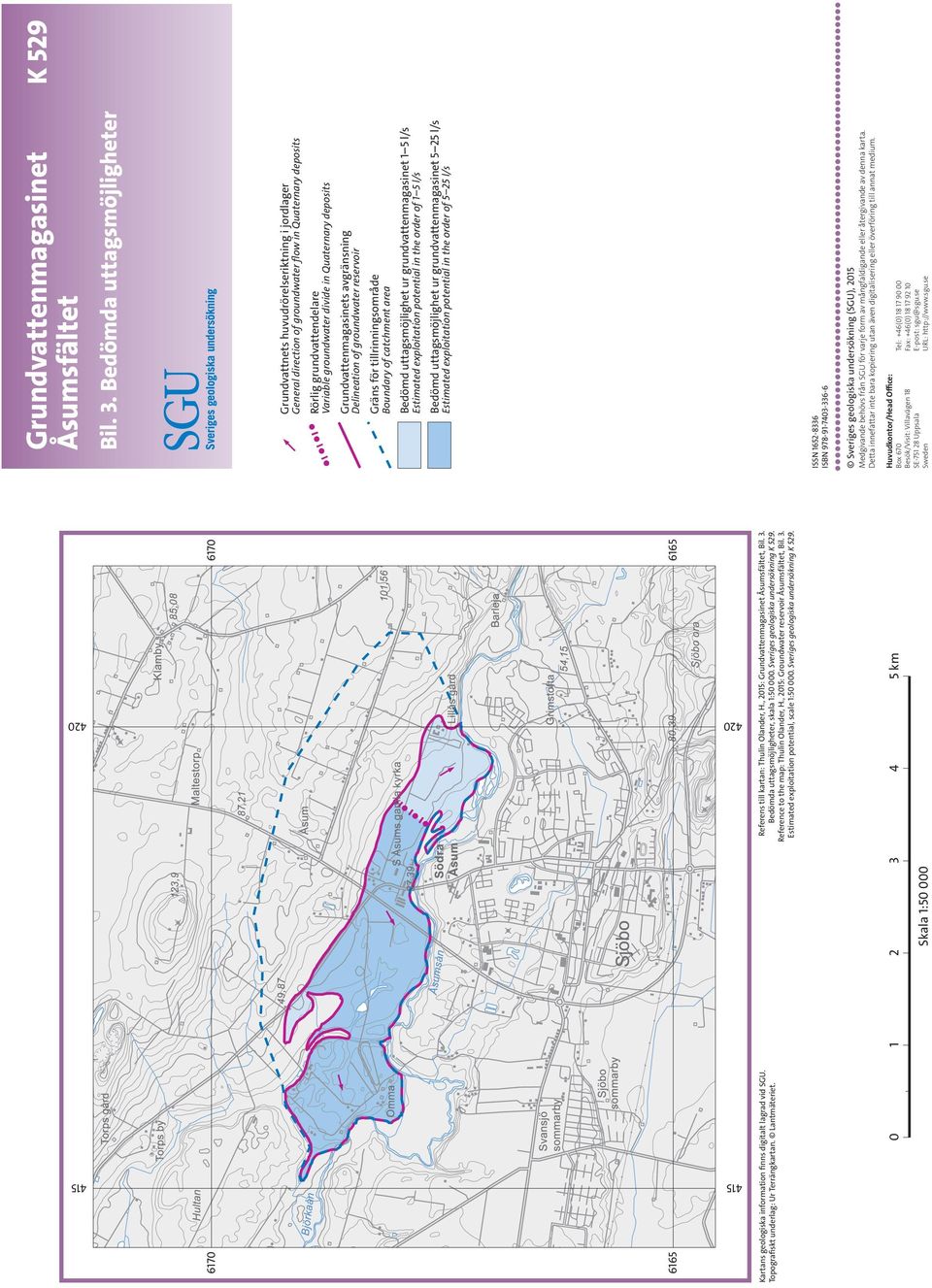 , 2015: Groundwater reservoir Åsumsfältet, Bil. 3. Estimated exploitation potential, scale 1:50 000. Sveriges geologiska undersökning K 529.