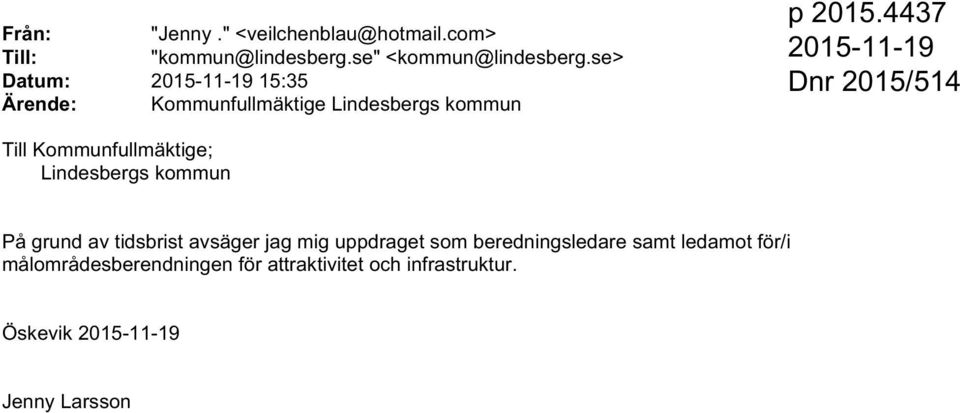 4437 2015-11-19 Dnr 2015/514 Till Kommunfullmäktige; Lindesbergs kommun På grund av tidsbrist avsäger jag