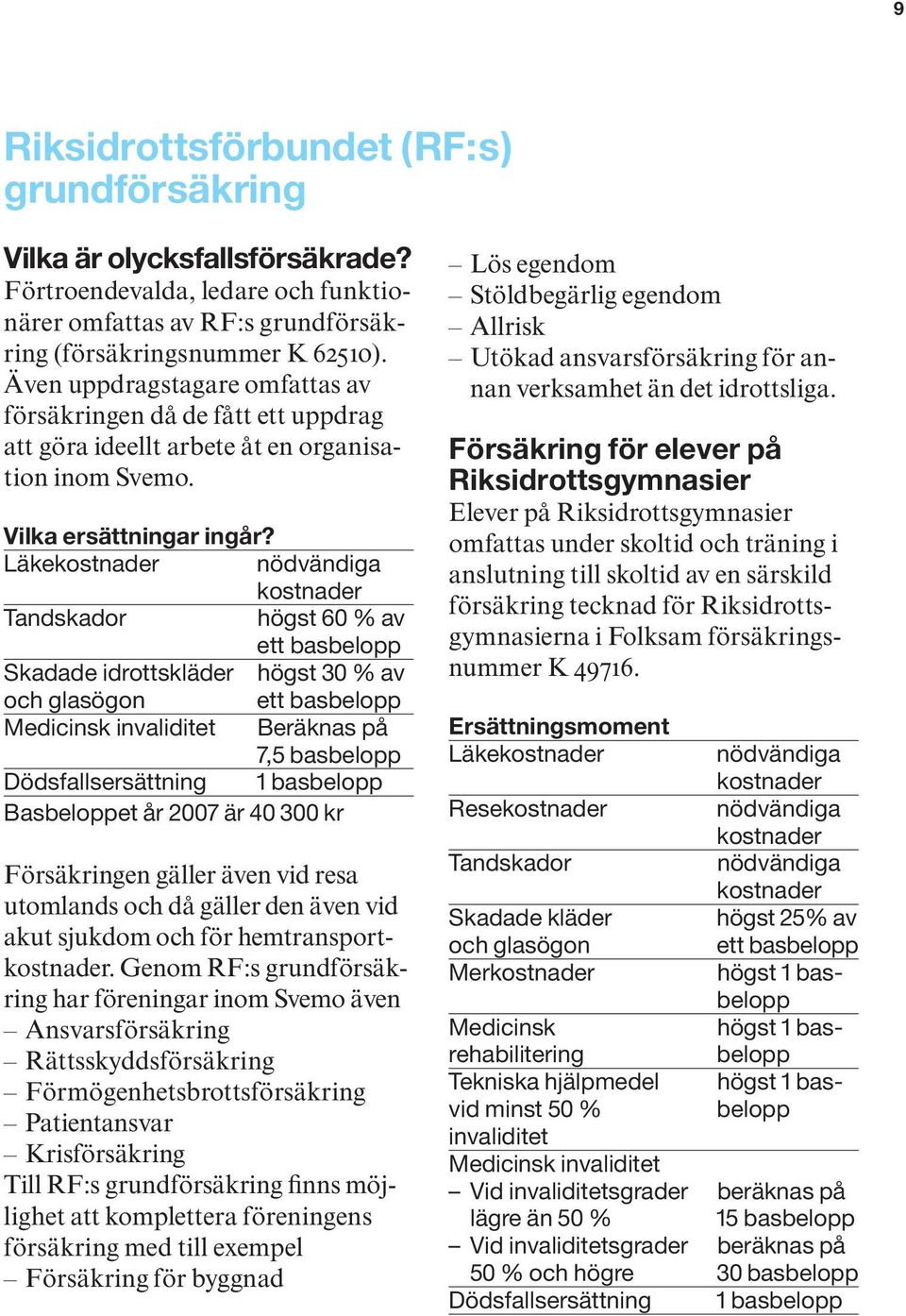 Läke nödvändiga Tandskador högst 60 % av ett basbelopp Skadade idrottskläder högst 30 % av och glasögon ett basbelopp Medicinsk invaliditet Beräknas på 7,5 basbelopp Dödsfallsersättning 1 basbelopp