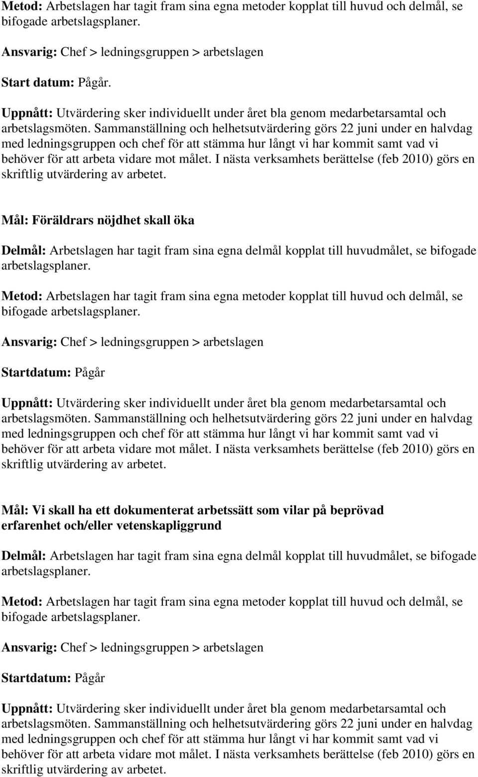 Sammanställning och helhetsutvärdering görs 22 juni under en halvdag med ledningsgruppen och chef för att stämma hur långt vi har kommit samt vad vi behöver för att arbeta vidare mot målet.