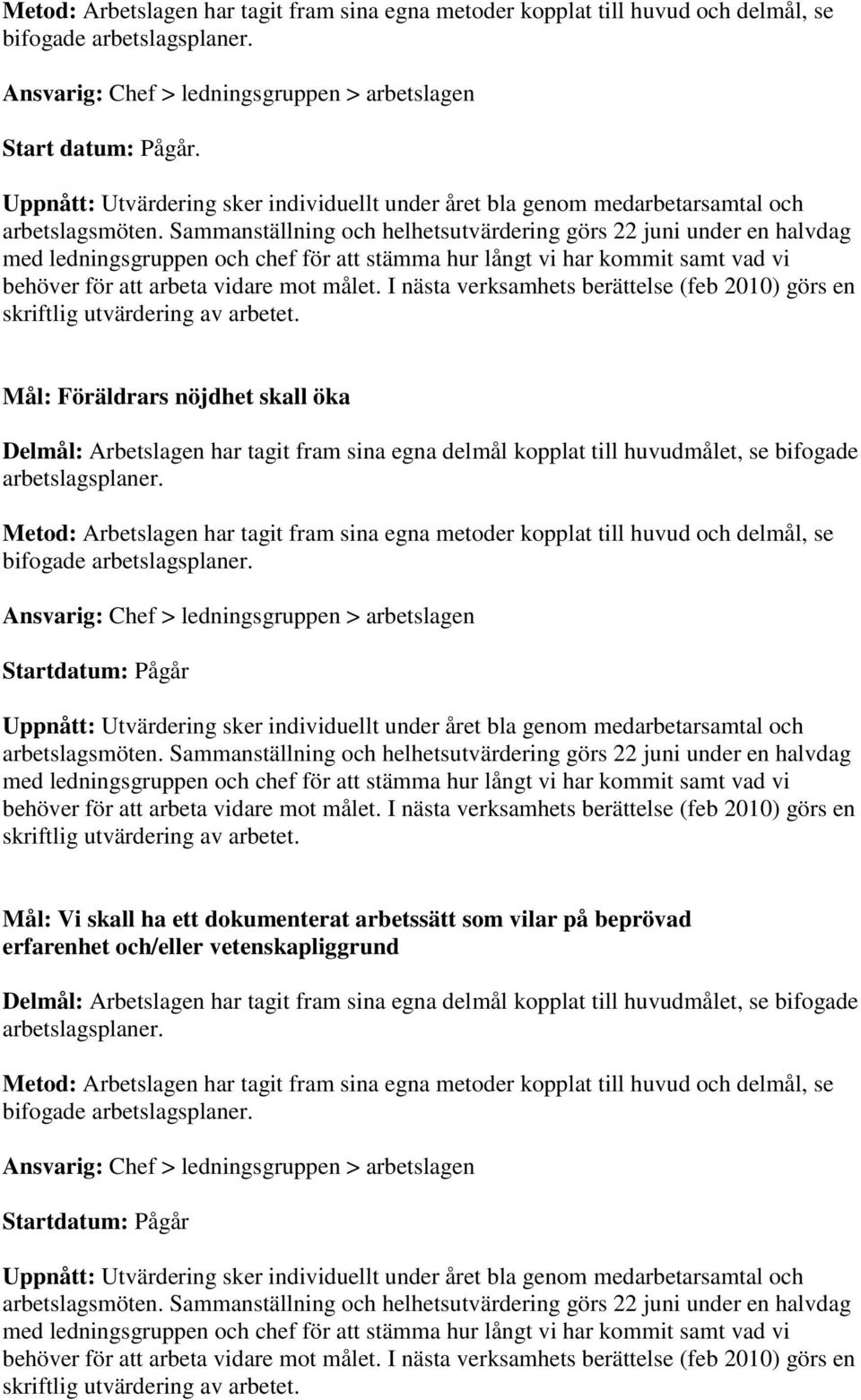 Sammanställning och helhetsutvärdering görs 22 juni under en halvdag med ledningsgruppen och chef för att stämma hur långt vi har kommit samt vad vi behöver för att arbeta vidare mot målet.