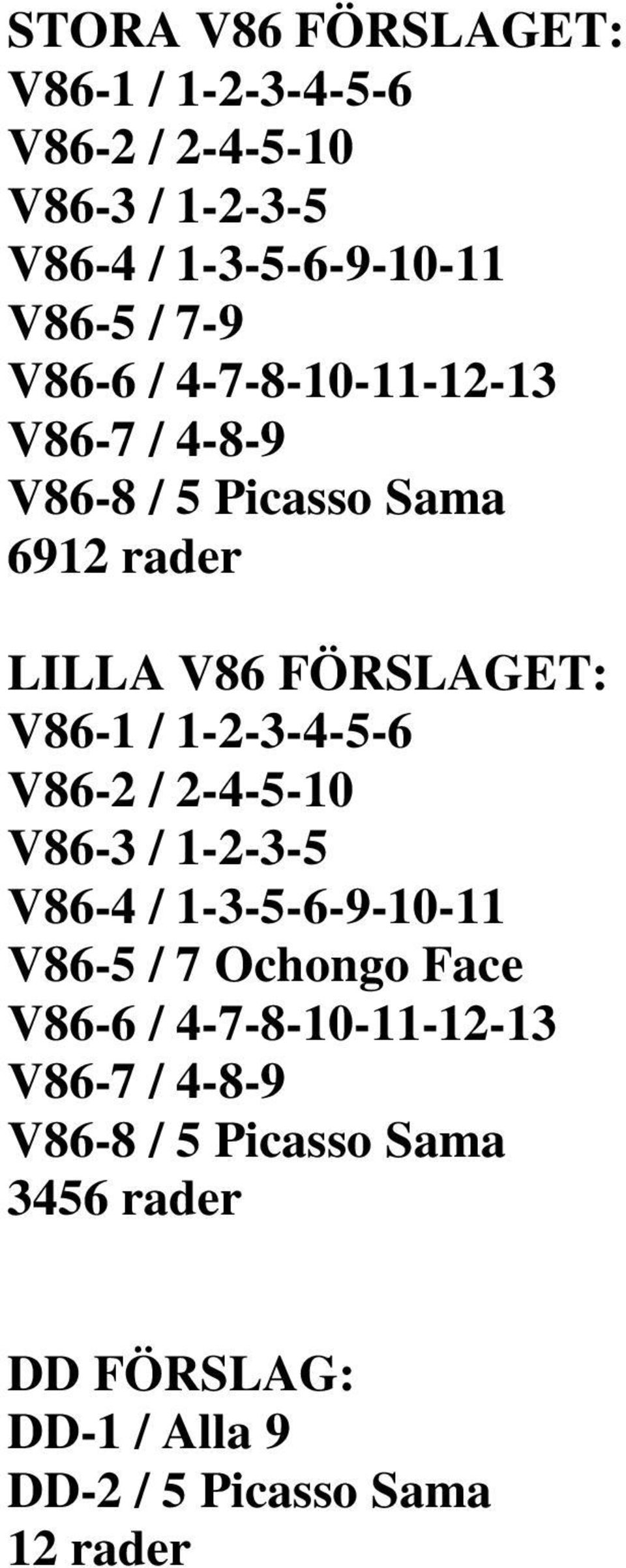 1-2-3-4-5-6 V86-2 / 2-4-5-10 V86-3 / 1-2-3-5 V86-4 / 1-3-5-6-9-10-11 V86-5 / 7 Ochongo Face V86-6 /