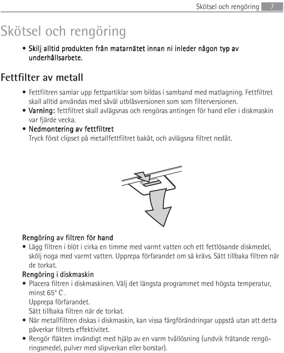 Varning: fettfiltret skall avlägsnas och rengöras antingen för hand eller i diskmaskin var fjärde vecka.