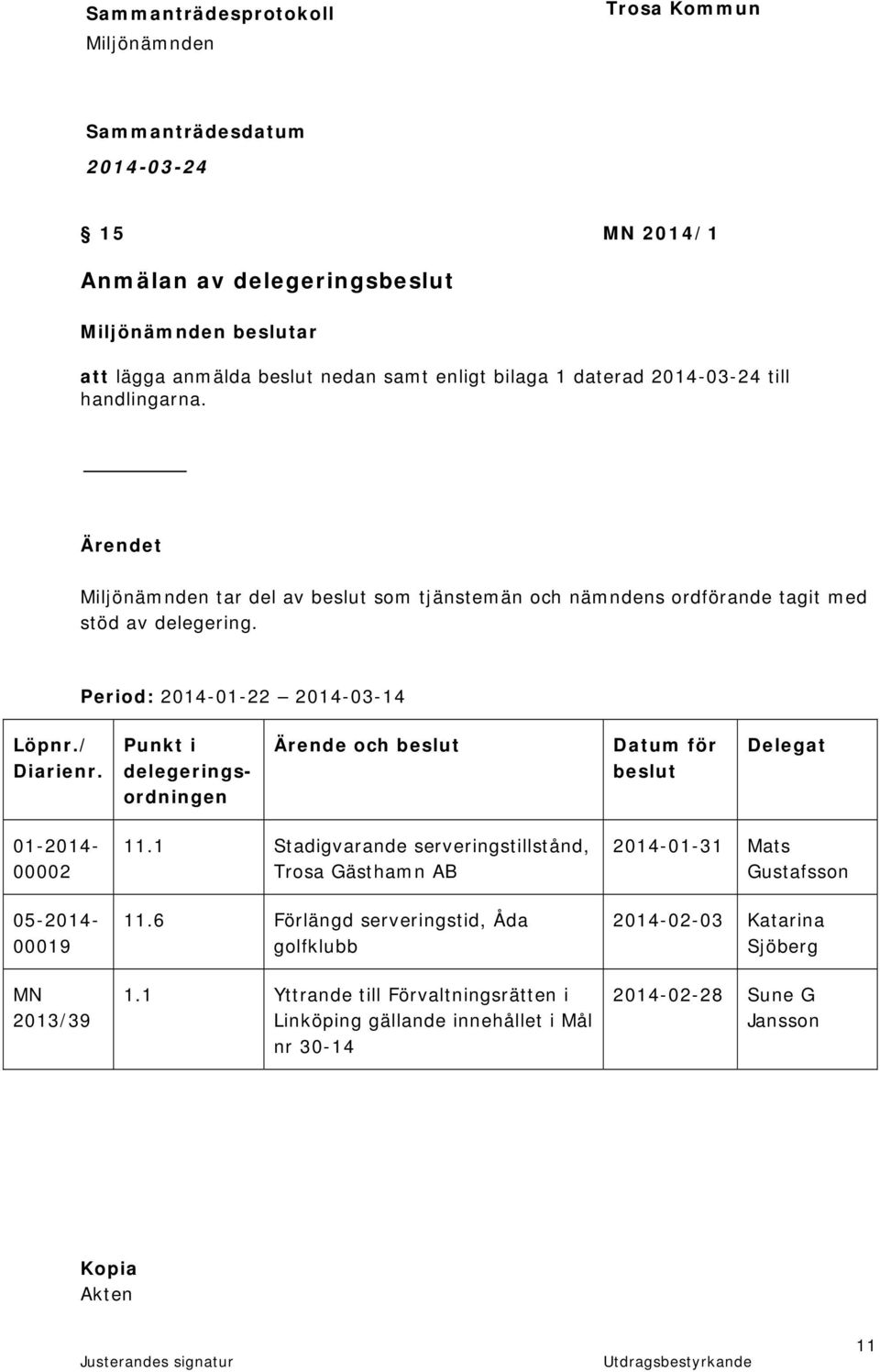 Punkt i delegeringsordningen Ärende och beslut Datum för beslut Delegat 01-2014- 00002 05-2014- 00019 MN 2013/39 11.