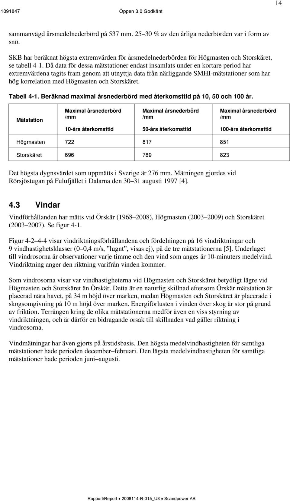 Då data för dessa mätstationer endast insamlats under en kortare period har extremvärdena tagits fram genom att utnyttja data från närliggande SMHI-mätstationer som har hög korrelation med Högmasten