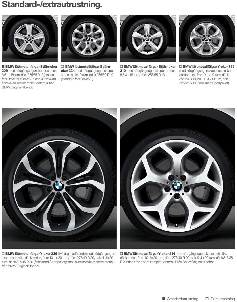 tum, däck 2 5 5 /5 0 R 1 9 för xdrive3 5 i, xdrive3 0 d och xdrive4 0 d); (standard för xdrive5 0 i). finns även som komplett vinterhjul från BMW Originaltillbehör.