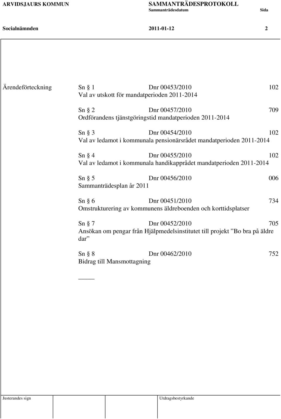 ledamot i kommunala handikapprådet mandatperioden 2011-2014 Sn 5 Dnr 00456/2010 006 Sammanträdesplan år 2011 Sn 6 Dnr 00451/2010 734 Omstrukturering av kommunens